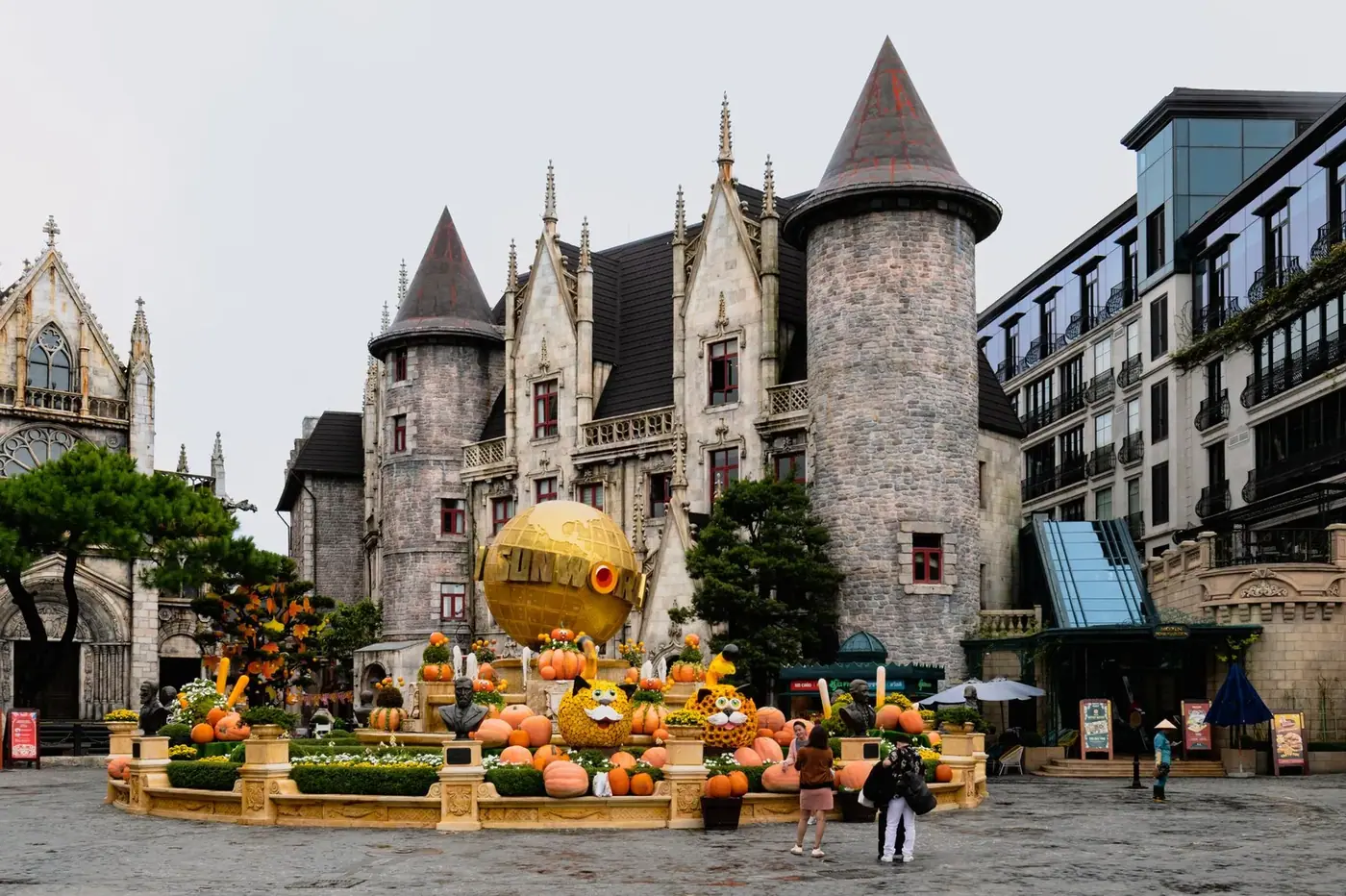 Gothic-style castle building at Ba Na Hills with seasonal decorations