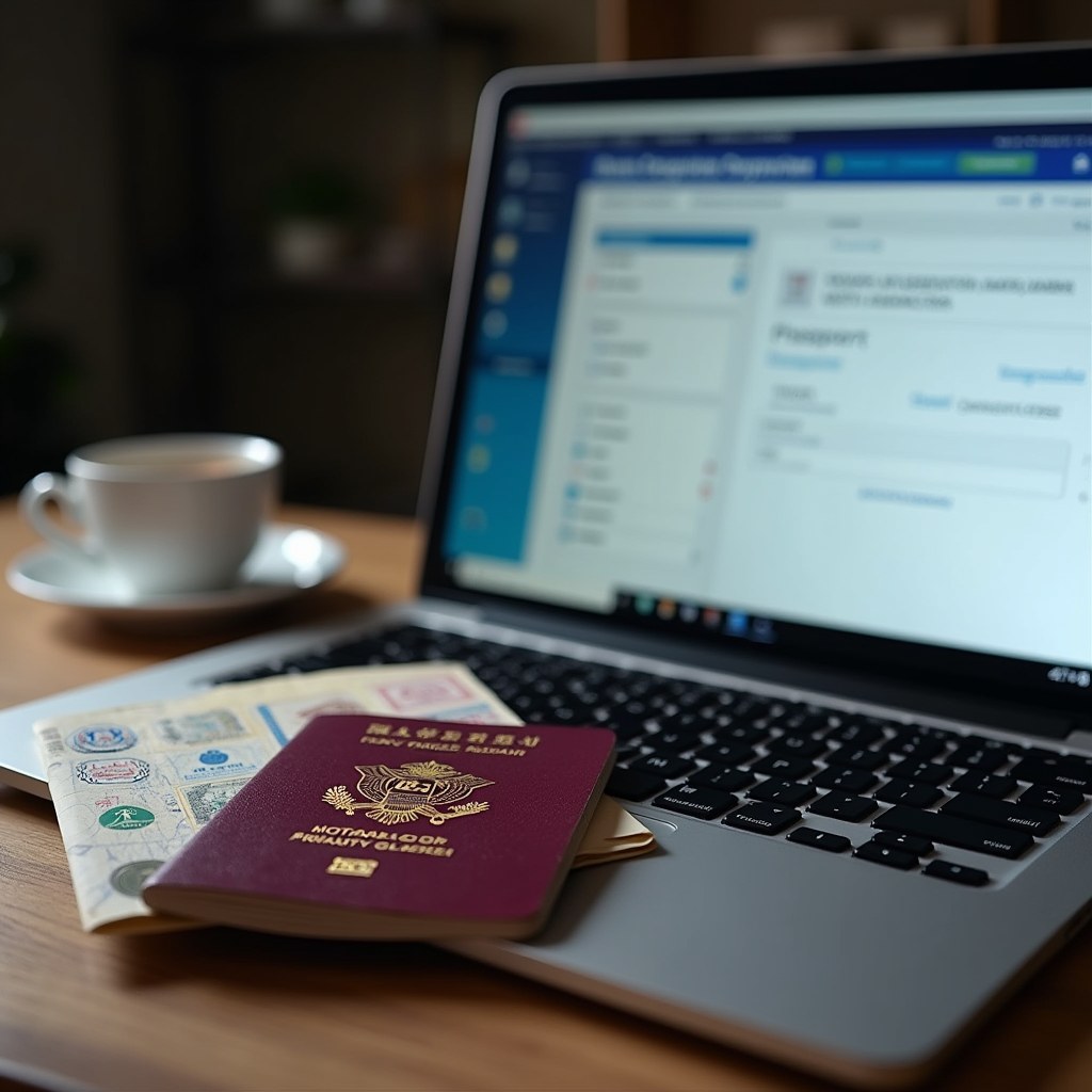Laptop and passport on a desk — opening and managing an account online