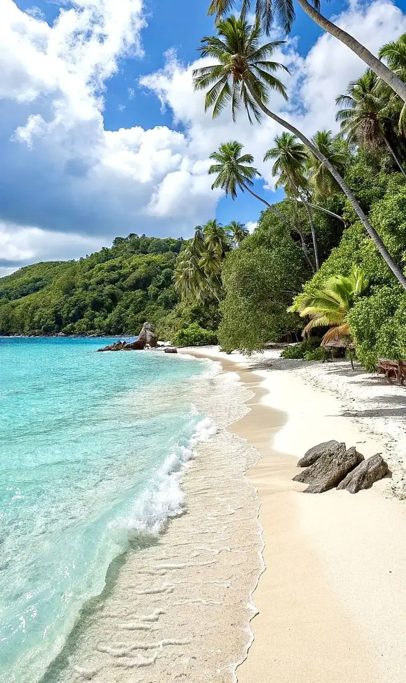 Sandy beach with palm trees and clear blue water — the kind of beach South Vietnam delivers November through April