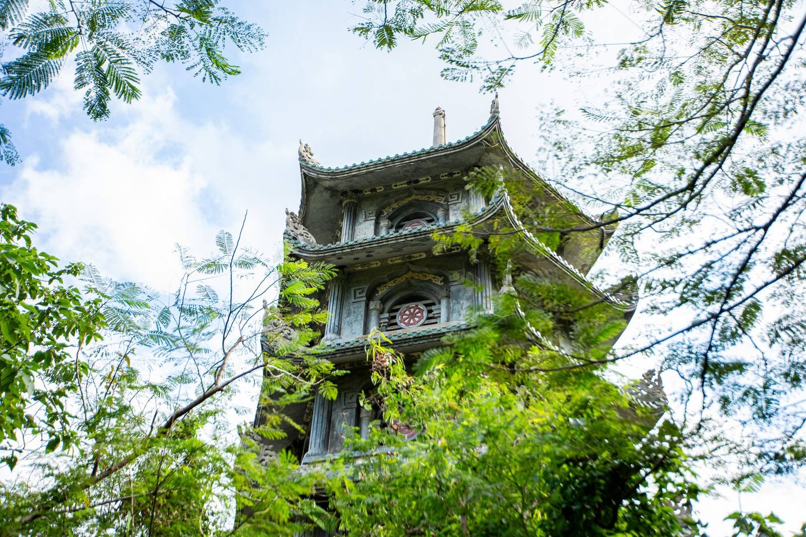 A pagoda amid greenery in the Marble Mountains near Da Nang