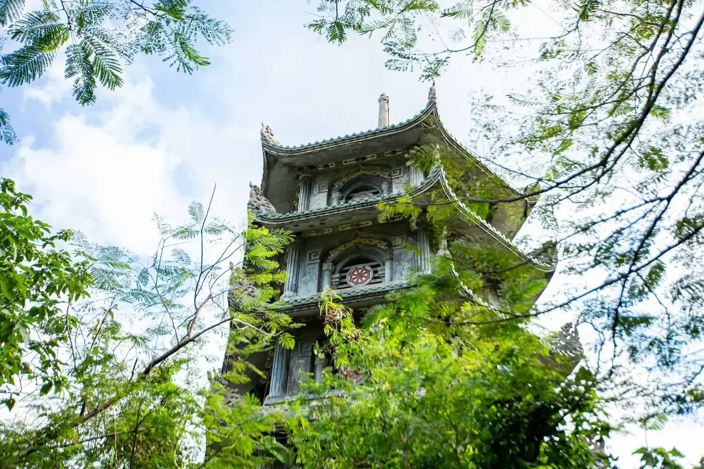 A pagoda amid greenery in the Marble Mountains near Da Nang