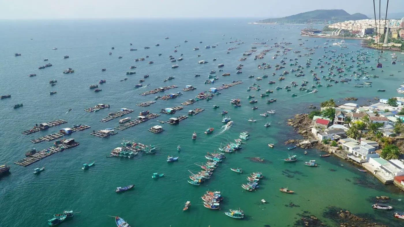 Cable car over Phu Quoc’s An Thoi harbor packed with fishing boats