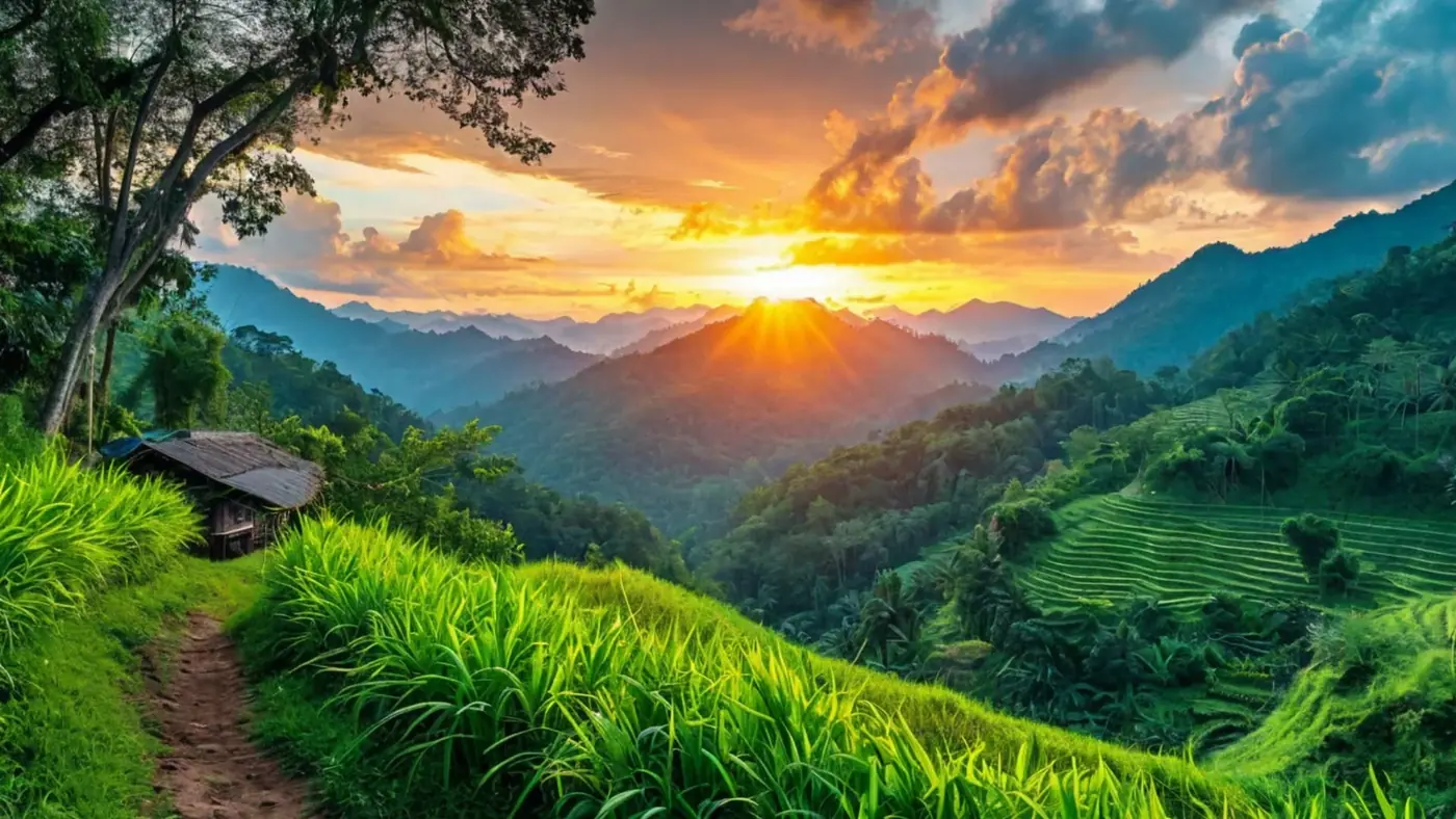 Sunset over rice paddies in the hills outside Da Nang