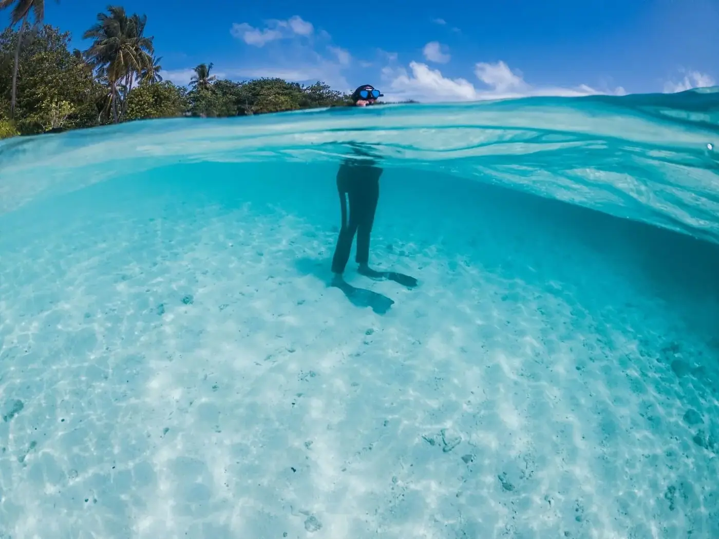 A snorkeler standing in clear shallow water near a tropical shoreline
