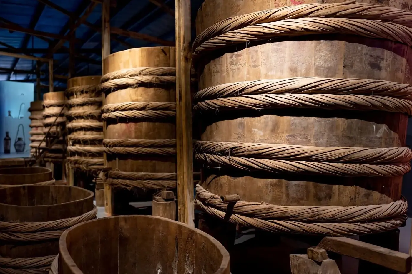 Rows of large wooden barrels used to ferment traditional fish sauce