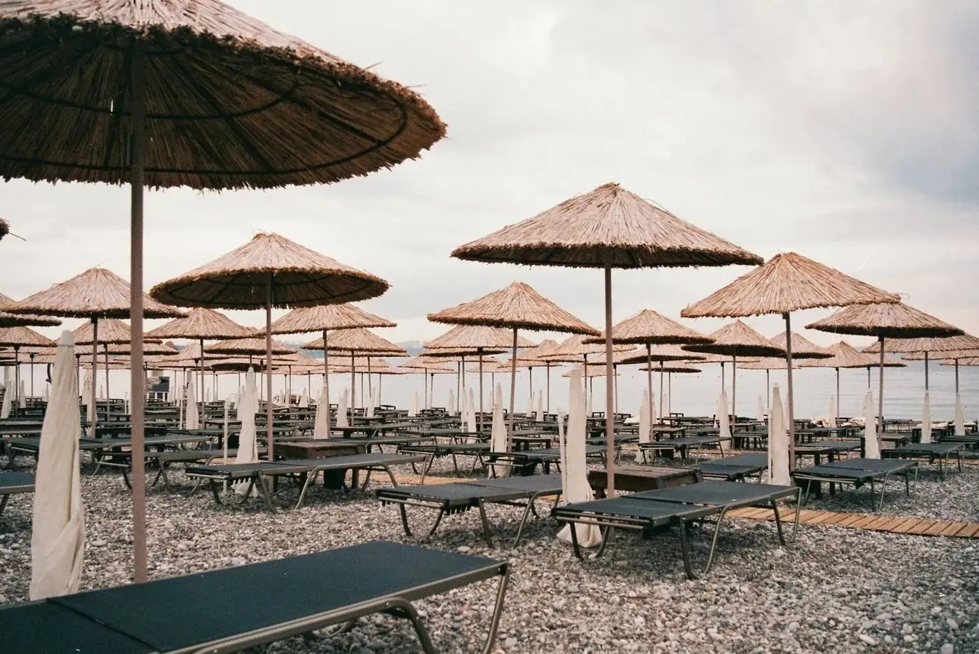 Rows of empty sunbeds and umbrellas on a quiet tropical beach