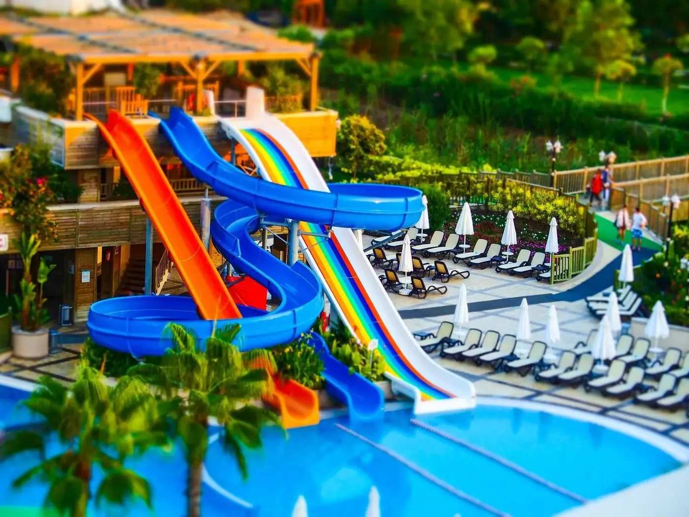 Colorful water park slides winding down to a pool surrounded by palm trees