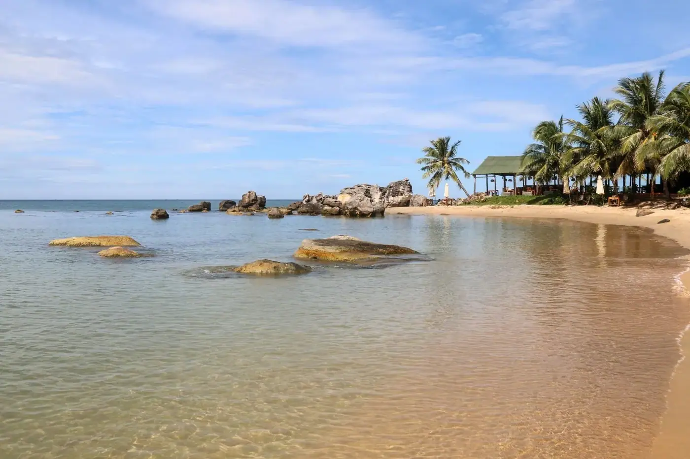 Palm-lined sandy beach with clear shallow water on Phu Quoc island