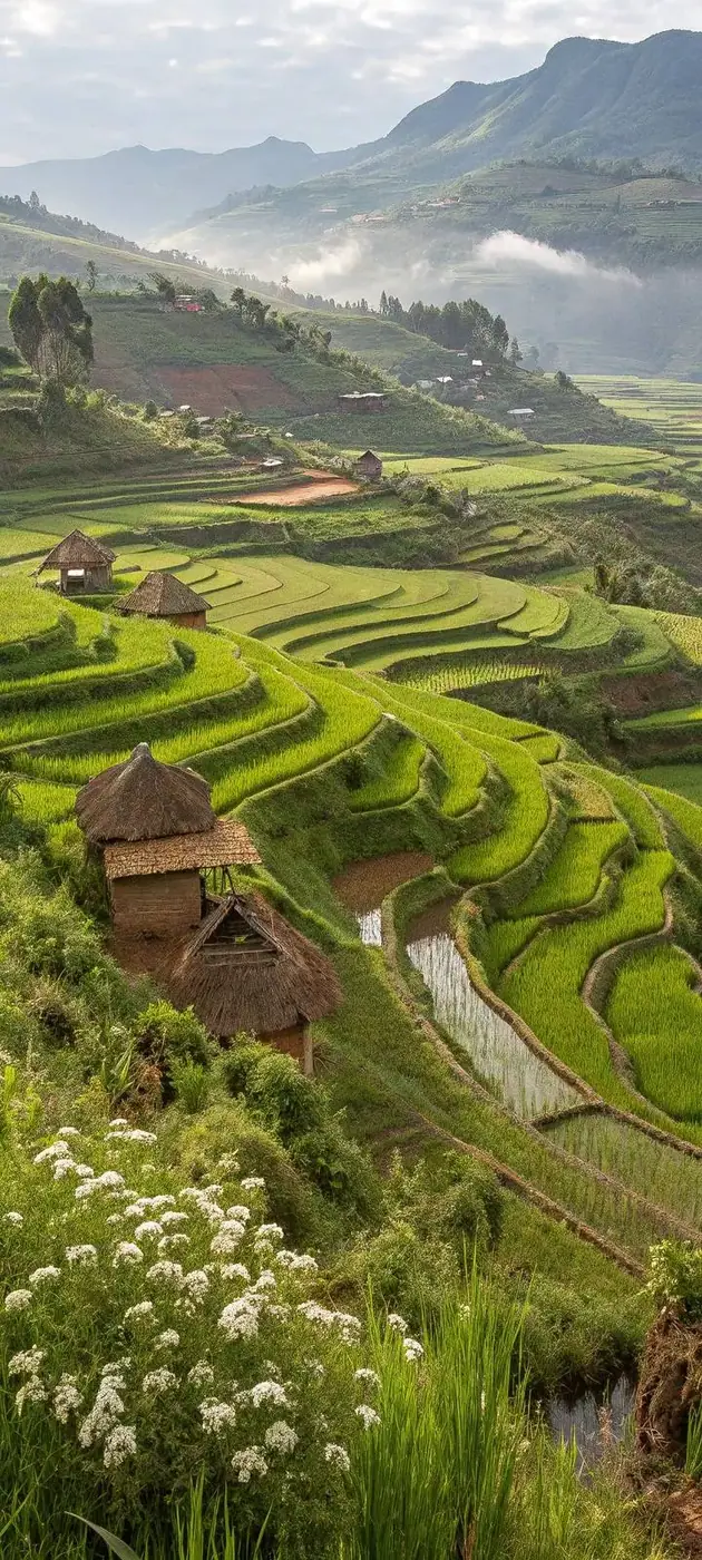 the rice fields are lush and green with mountains in the background