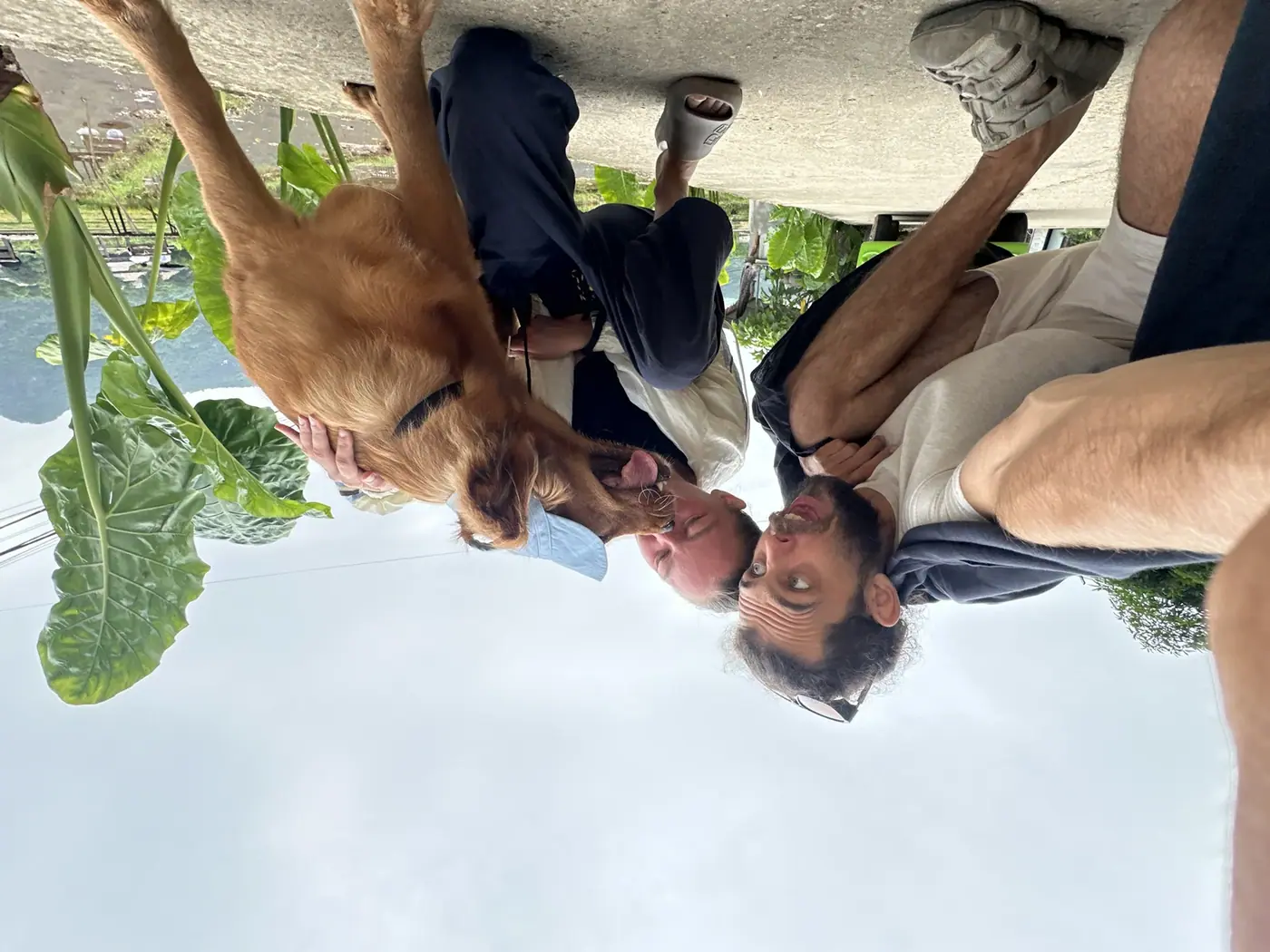 Two men laughing together with a dog in Vietnam