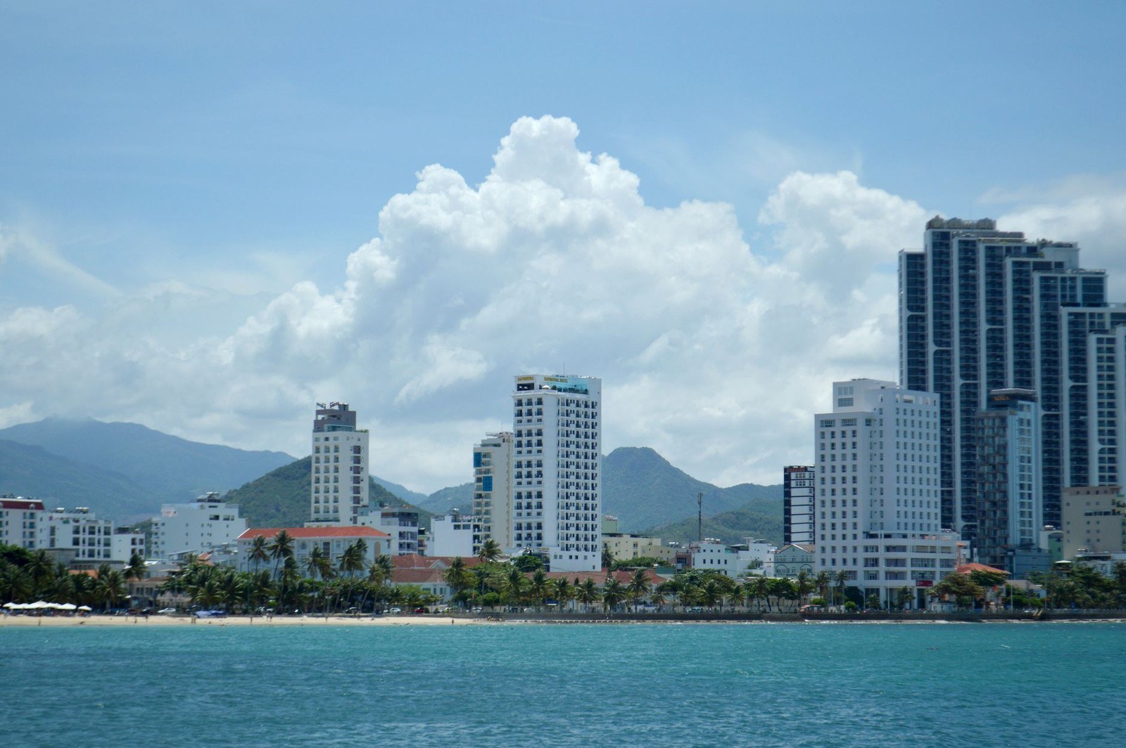 Nha Trang skyline and mountains seen from the water