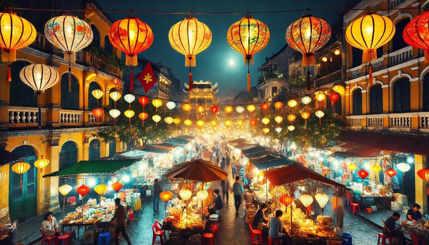 Covered street market with many colourful lanterns hanging overhead