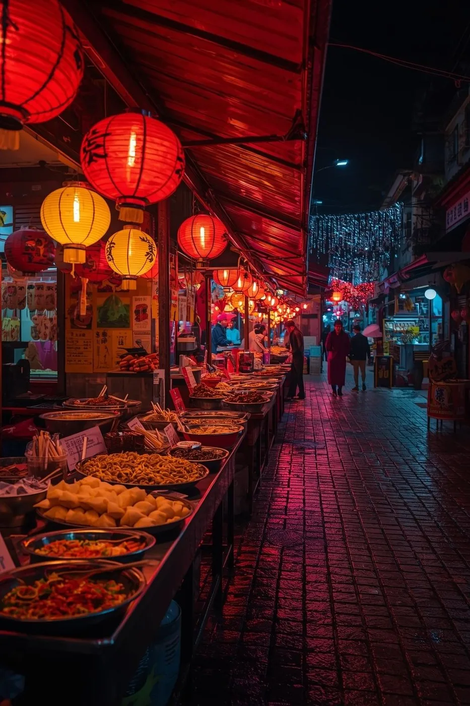 Night food market with glowing lanterns and stalls