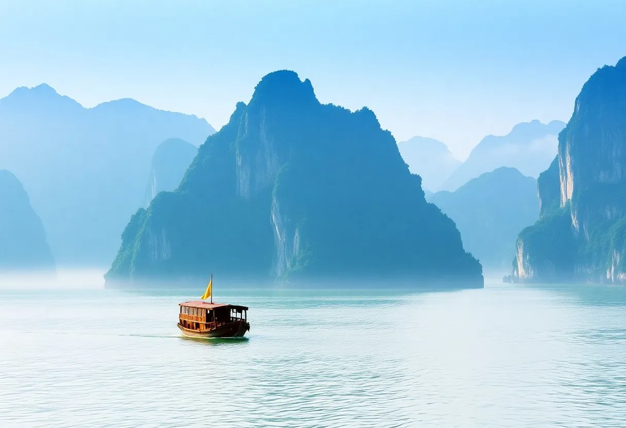 Halong Bay in the morning — limestone karsts in mist with a traditional boat