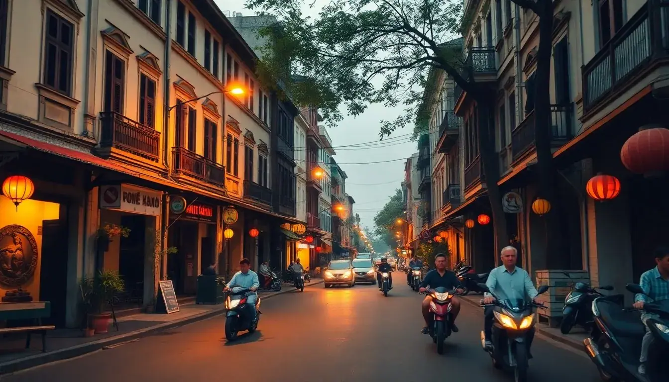 Hanoi Old Quarter street at night with motorbikes and red lanterns