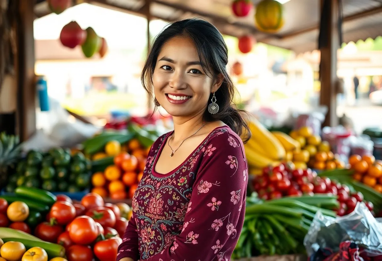 Woman at a Vietnamese market with tropical fruit and vegetables