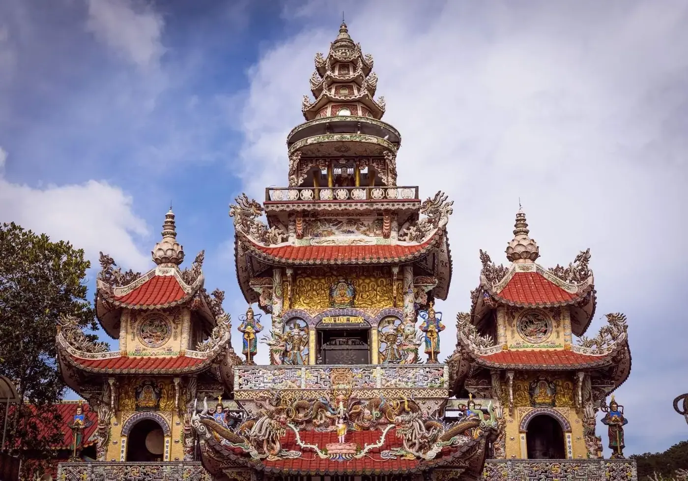 colorful ceramic architecture on a traditional Vietnamese pagoda