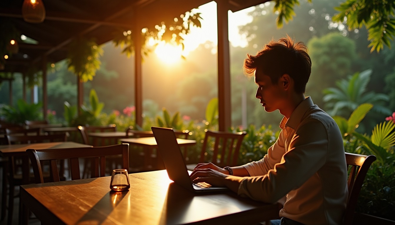 Freelancer at a laptop in a tropical Vietnam cafe, golden light