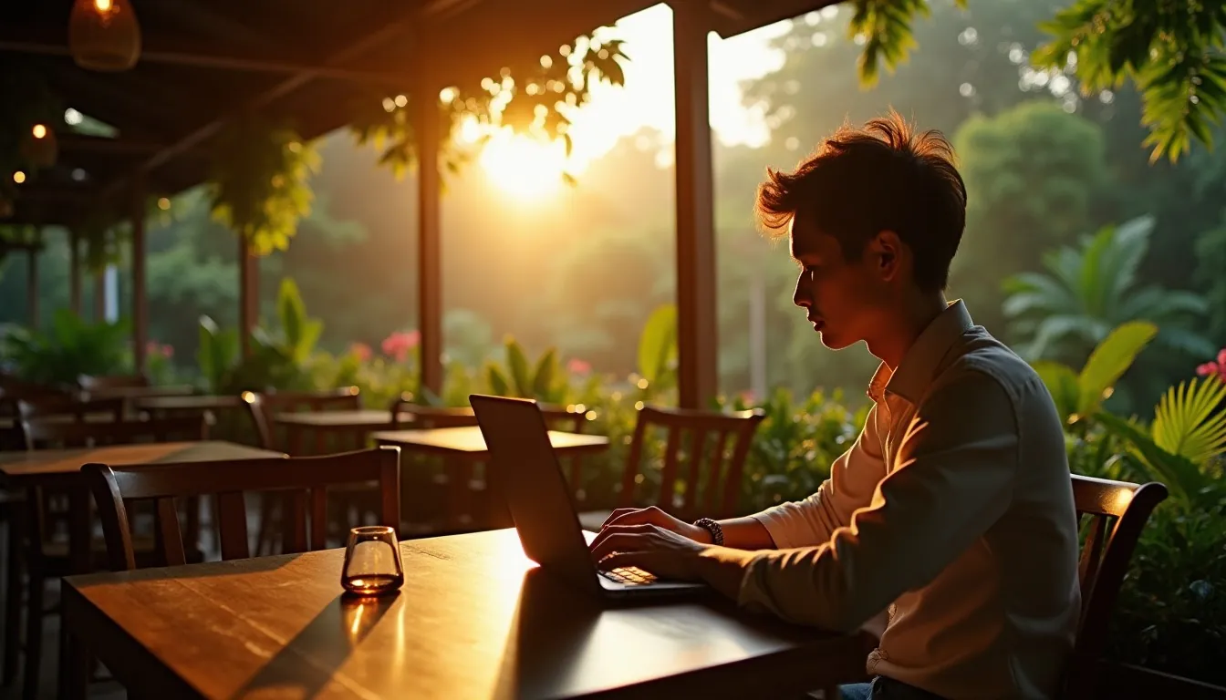 Freelancer at a laptop in a tropical Vietnam cafe, golden light