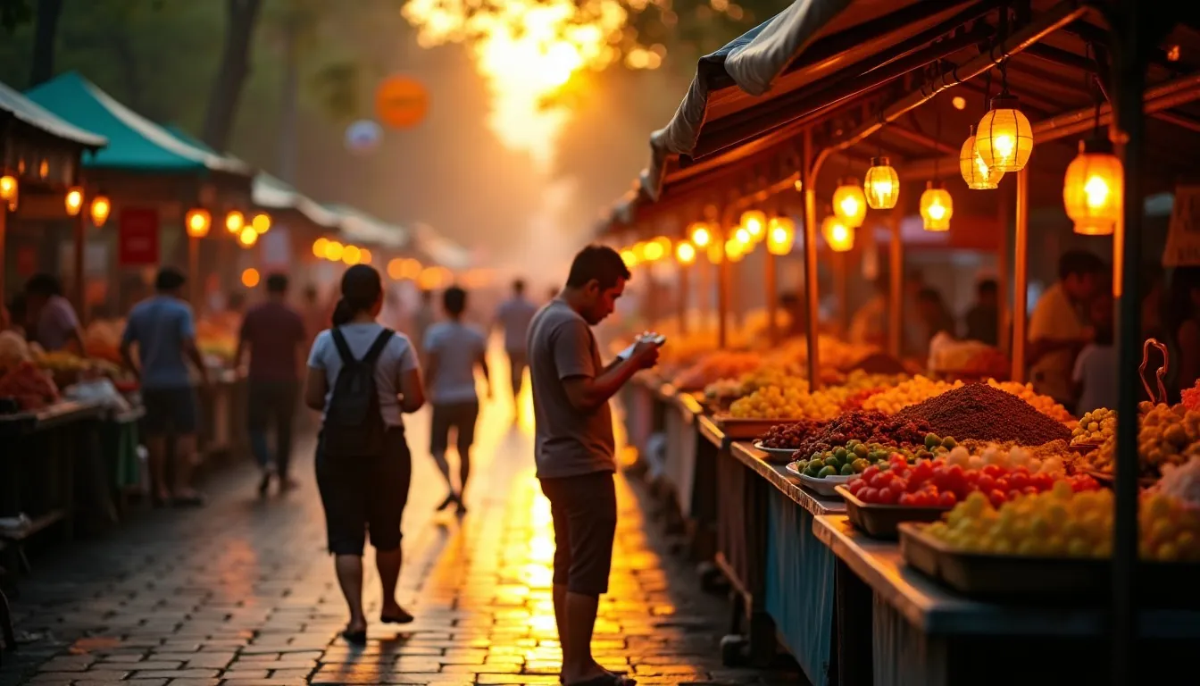Evening street food market in Vietnam — fruits, warmth, and lanterns