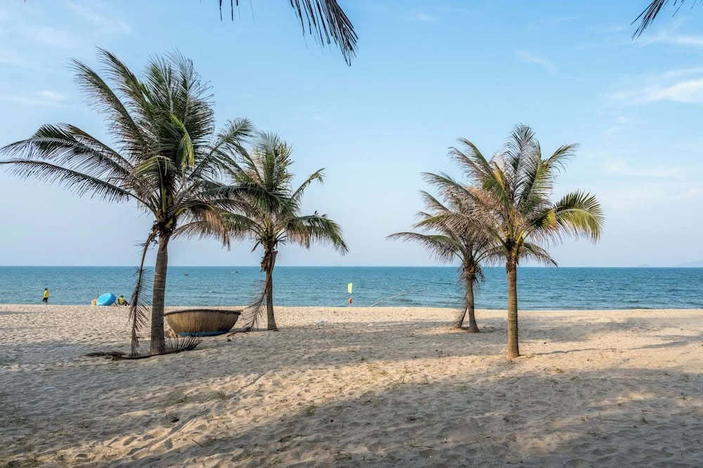 Palm trees and a round basket boat on a quiet Nha Trang beach