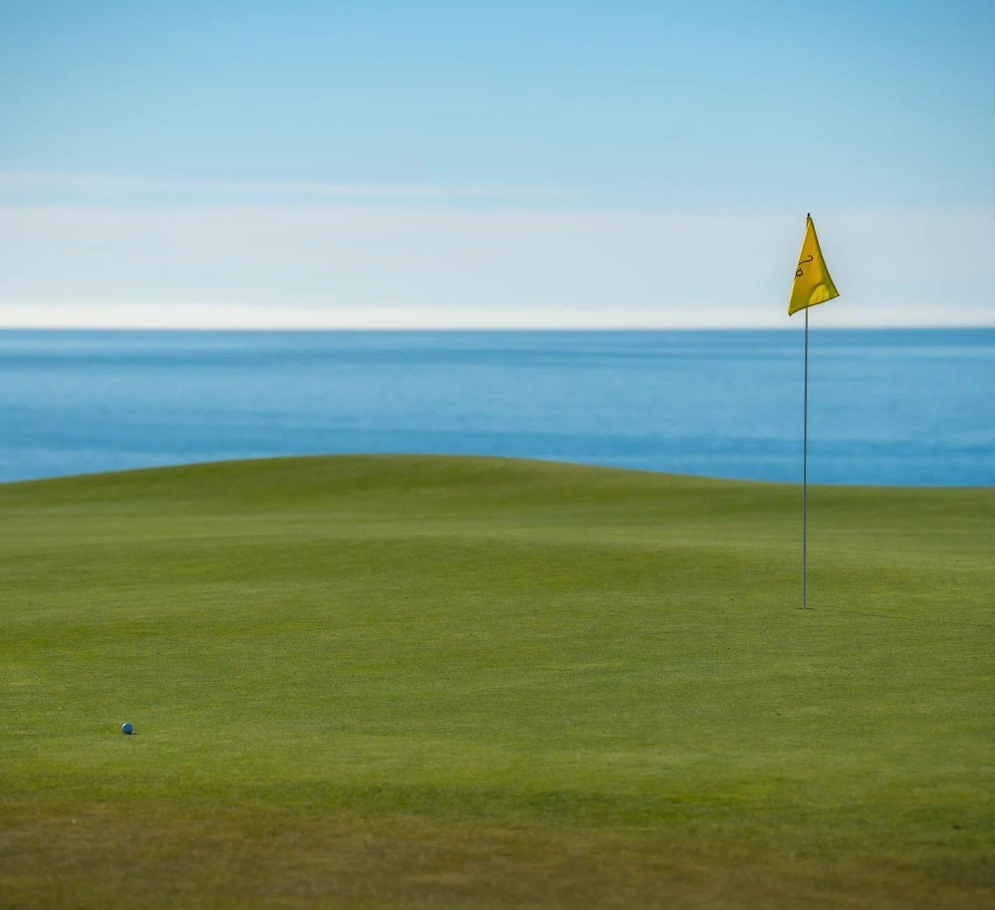 Putting green with a flag under clear blue skies
