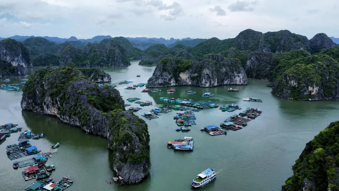 Aerial view of floating fish farms in quiet Lan Ha Bay waters