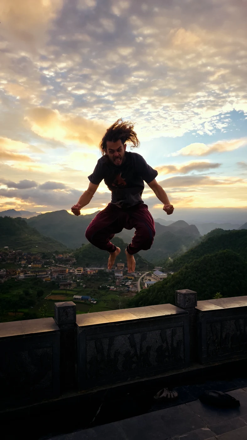 Traveler jumping mid-air above misty mountains at sunset