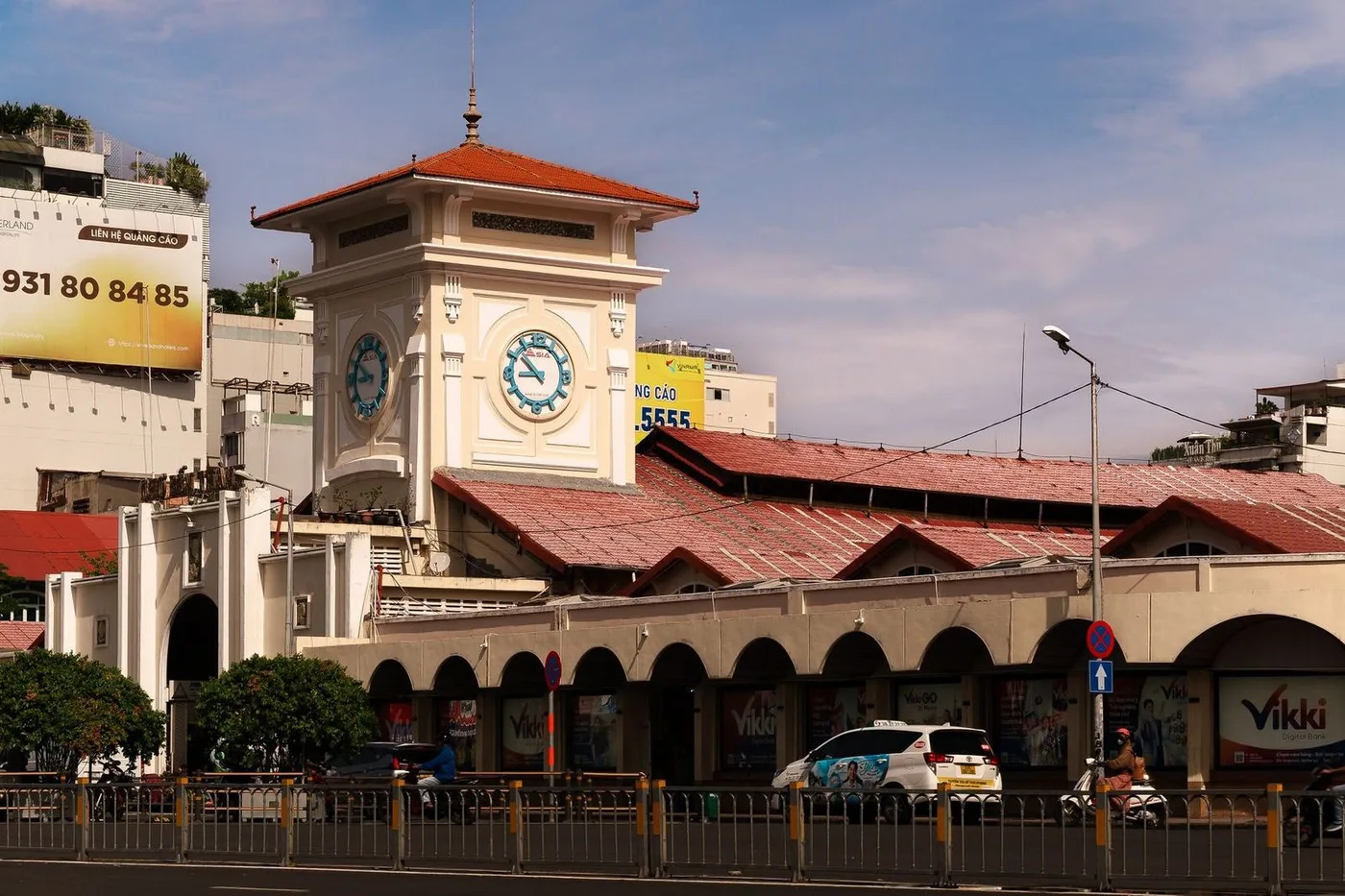 Clock tower of Ben Thanh Market seen from the street in Ho Chi Minh City