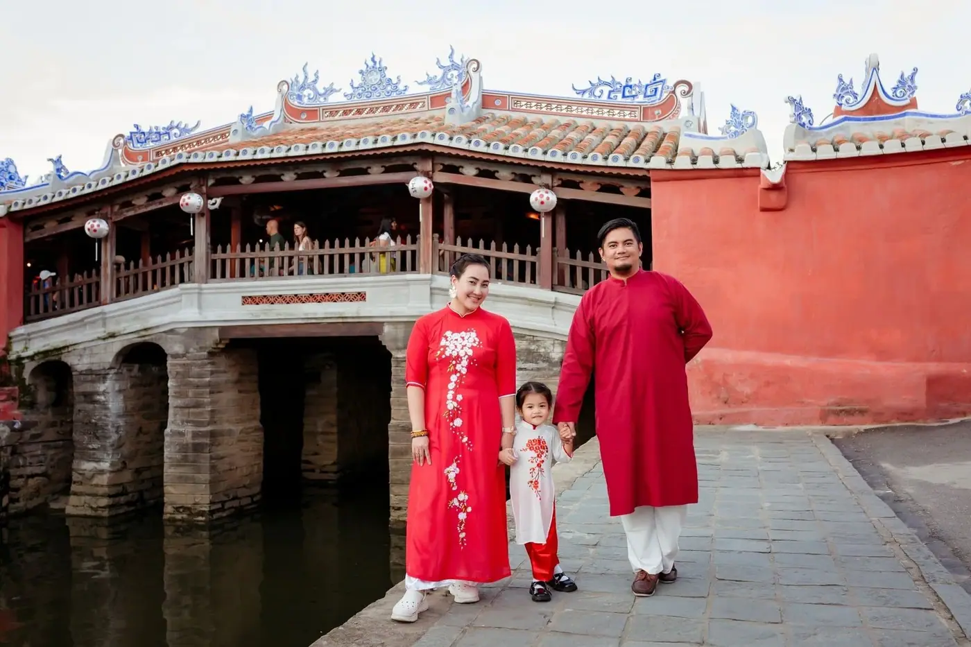 Japanese Covered Bridge in Hoi An decorated with white lanterns