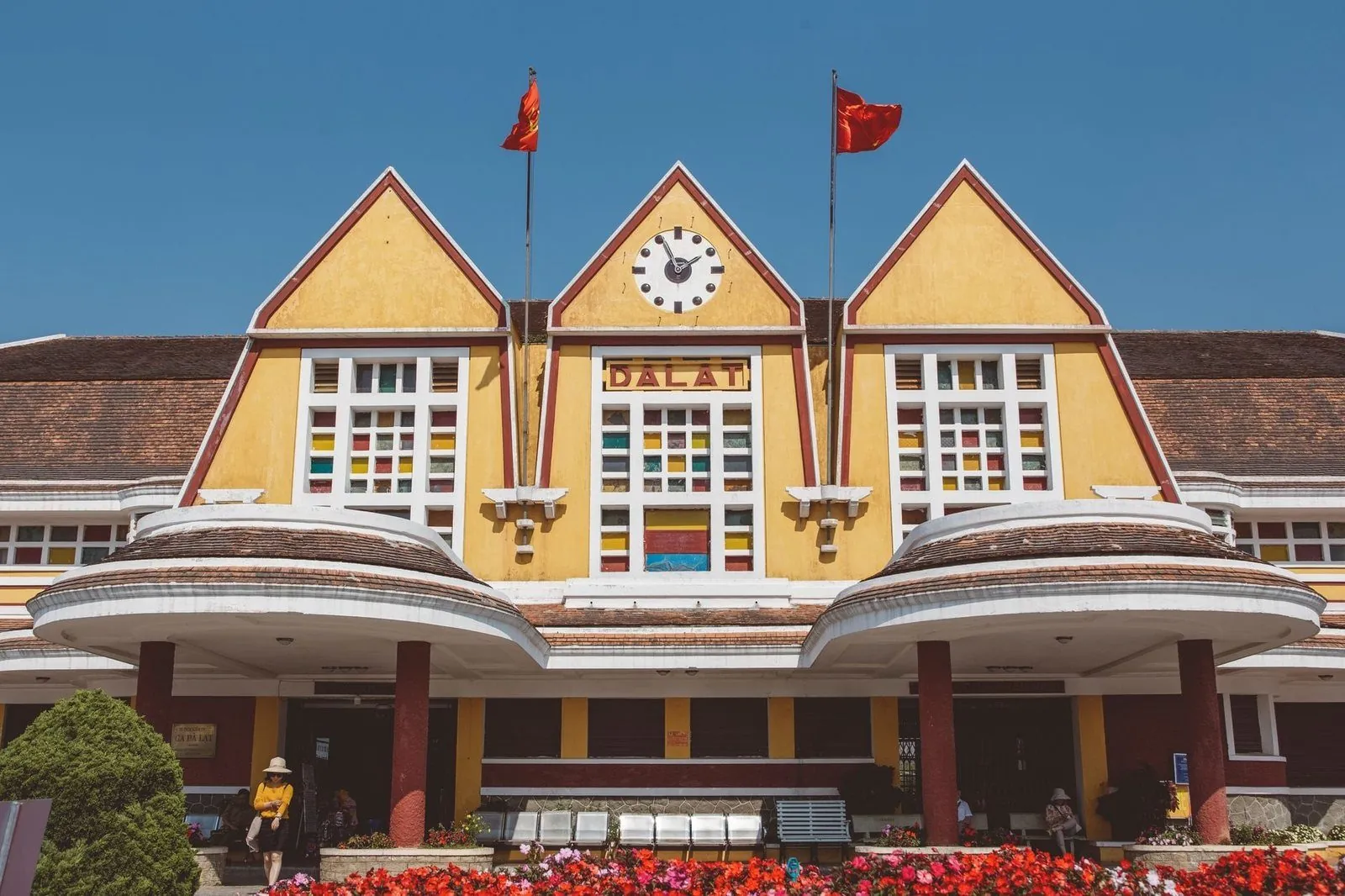 Historic Dalat Railway Station facade with French colonial architecture