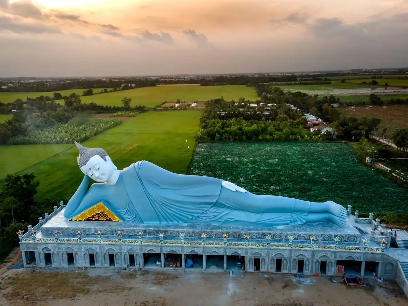 Aerial view of a giant reclining Buddha statue near My Tho, Vietnam