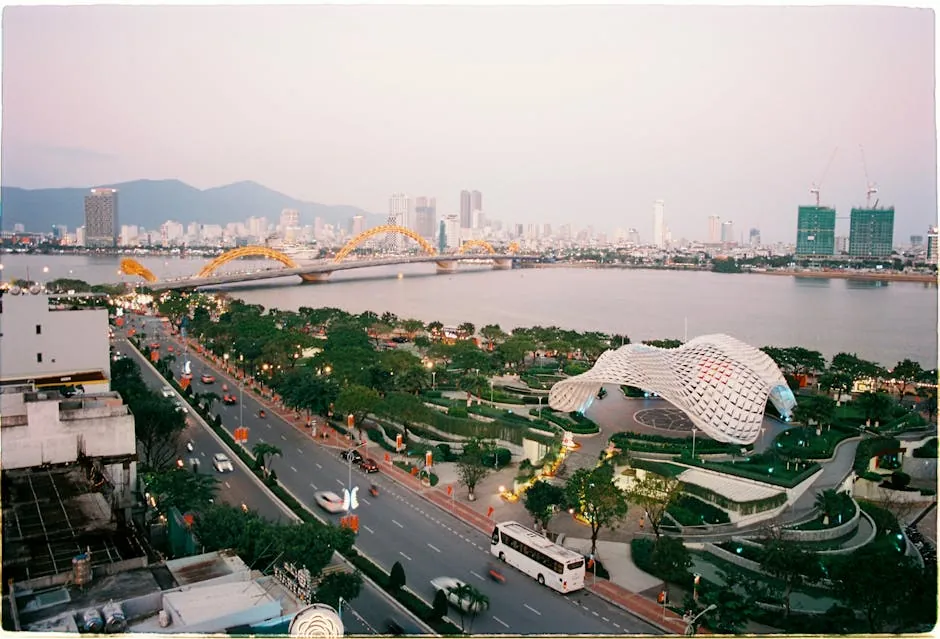Da Nang panorama with Dragon Bridge at sunset