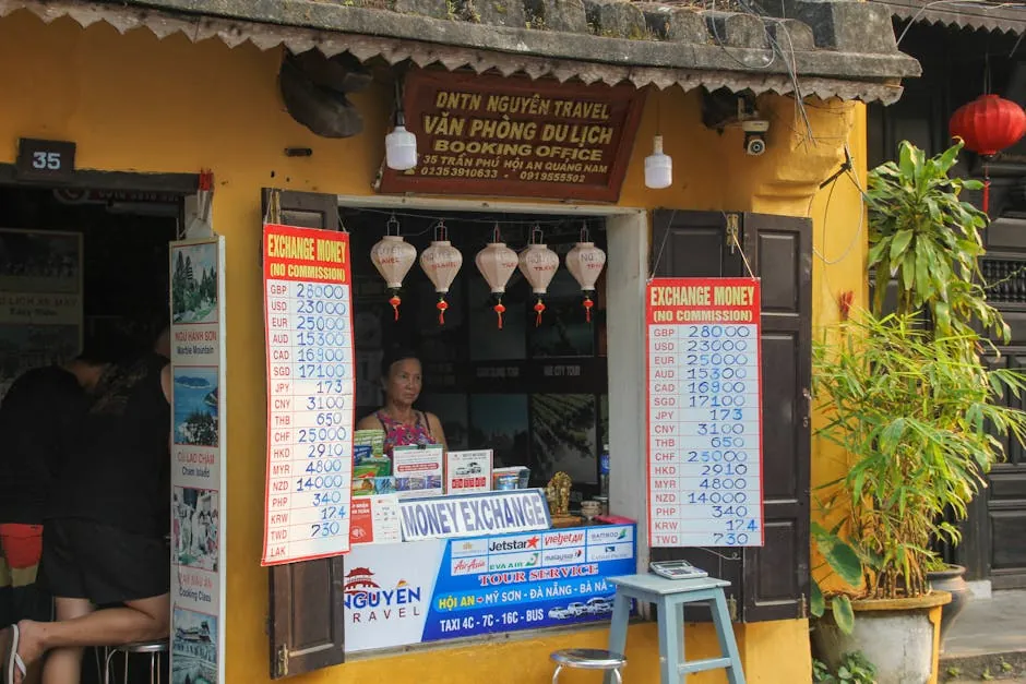 Currency exchange office in Vietnam with rate boards