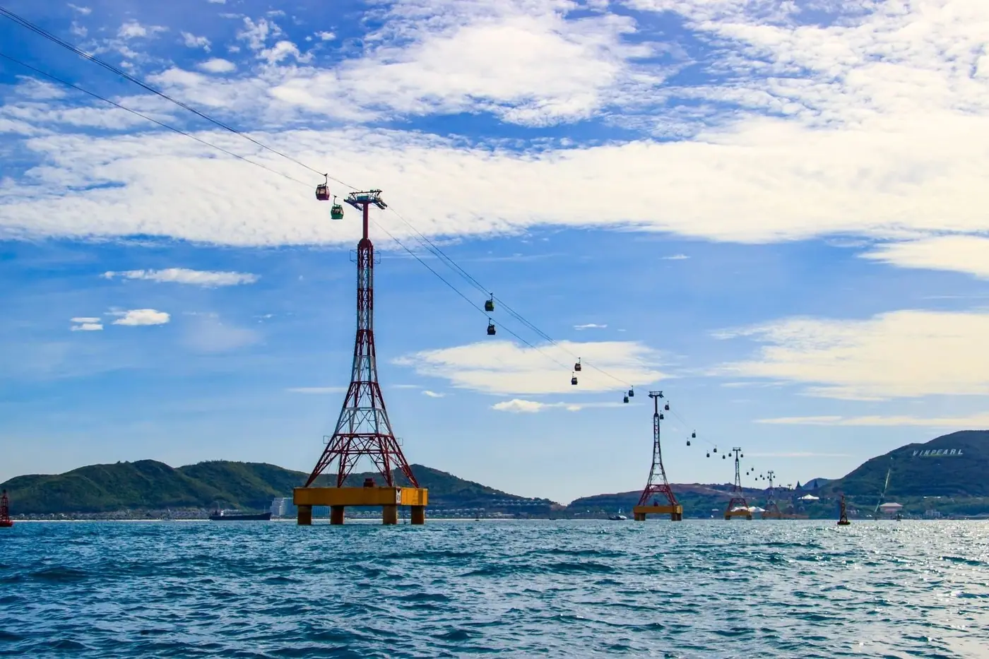 cable car heading to Vinpearl Island over the sea