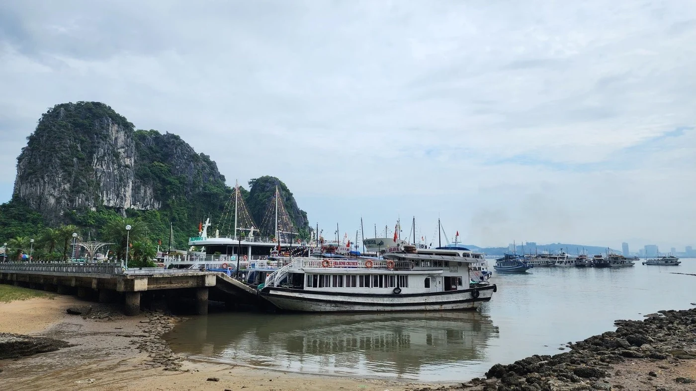 Tour boats docked at a pier beside limestone karsts
