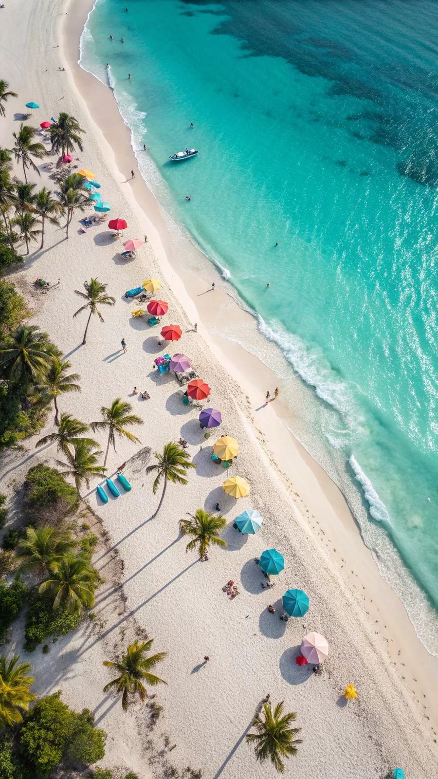 Aerial view of Nha Trang beach with colorful umbrellas and turquoise water