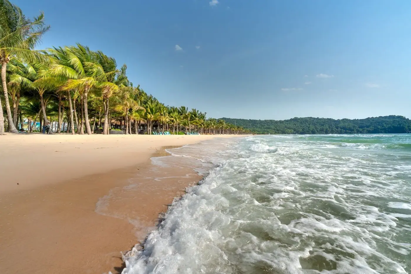 Waves rolling onto white sand on a Phu Quoc beach lined with palm trees