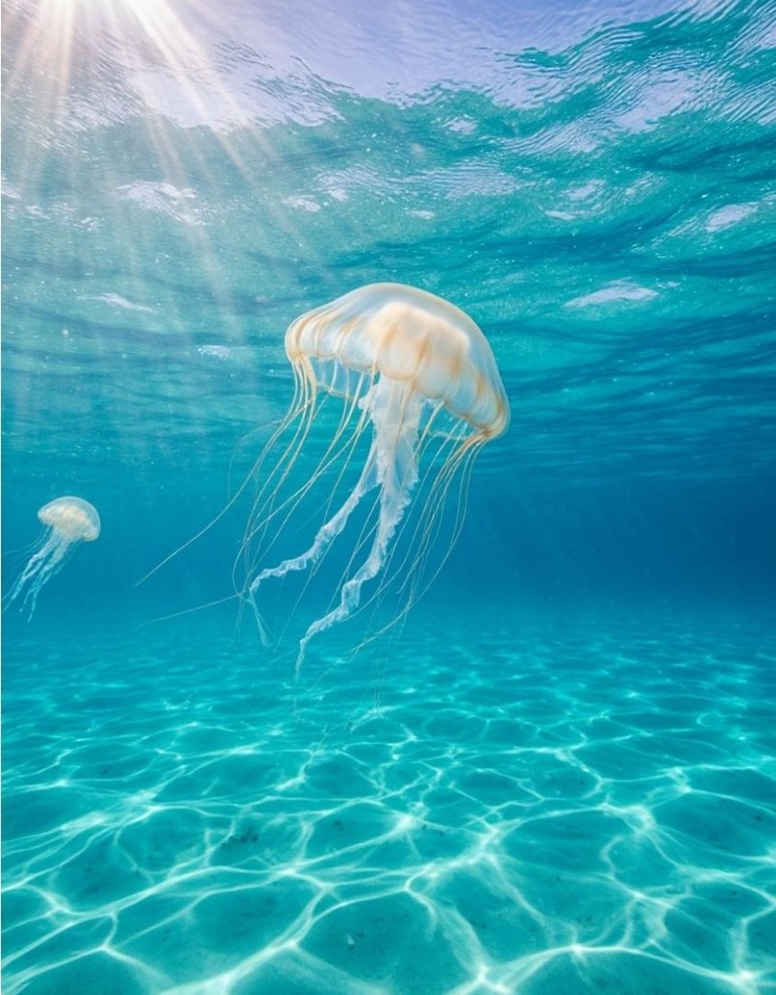 Moon jellyfish drifting in clear water
