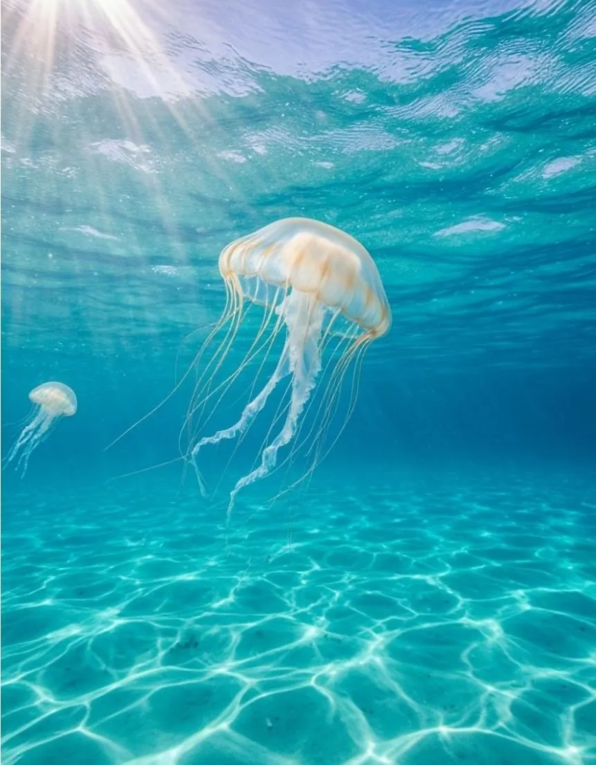 Moon jellyfish drifting in clear water