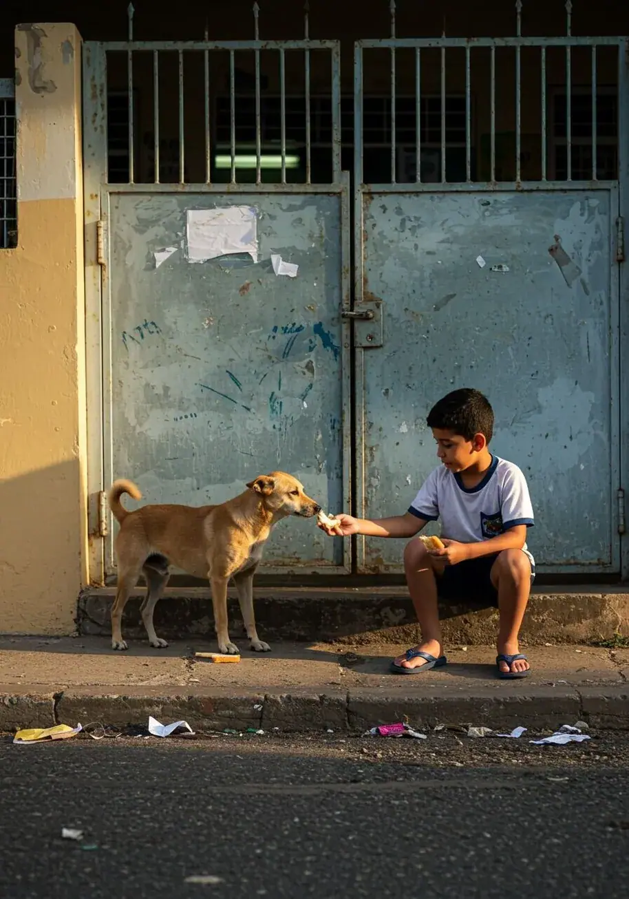 Boy feeding a stray dog on a Vietnam street