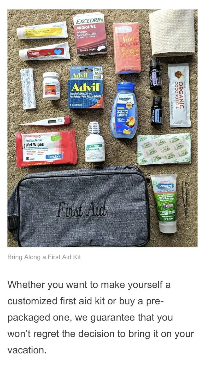 Travel first-aid kit contents laid out