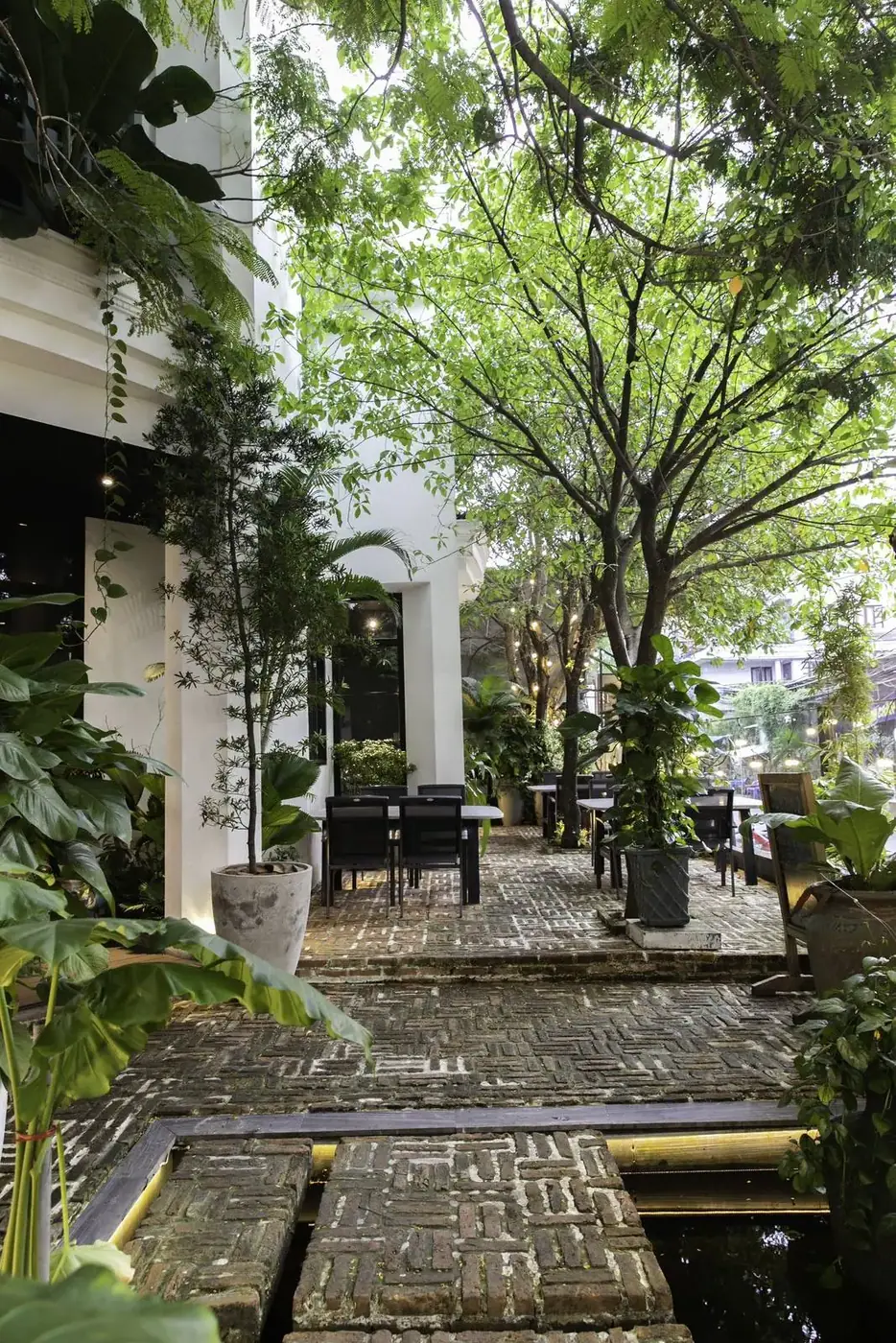 Leafy garden cafe with tables in Da Nang