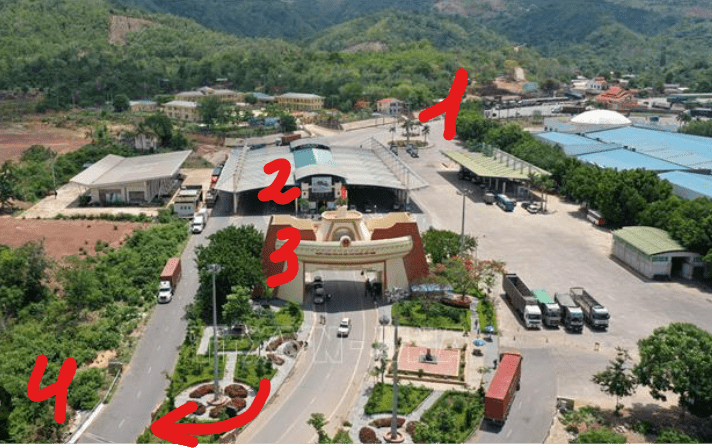 Aerial view of Lao Bao border crossing with exit and entry windows marked