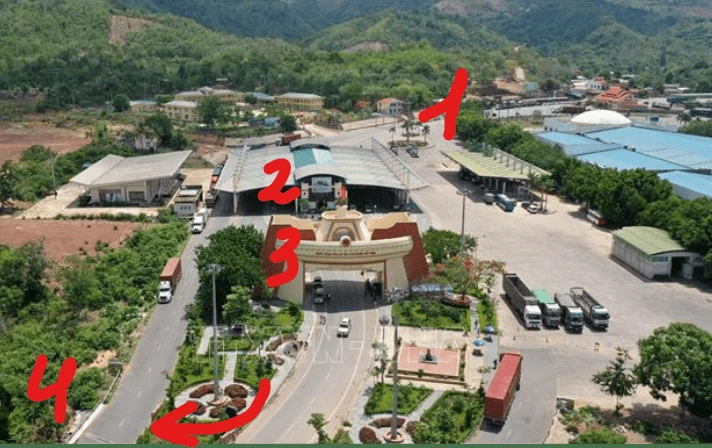 Aerial view of Lao Bao border crossing with exit and entry windows marked