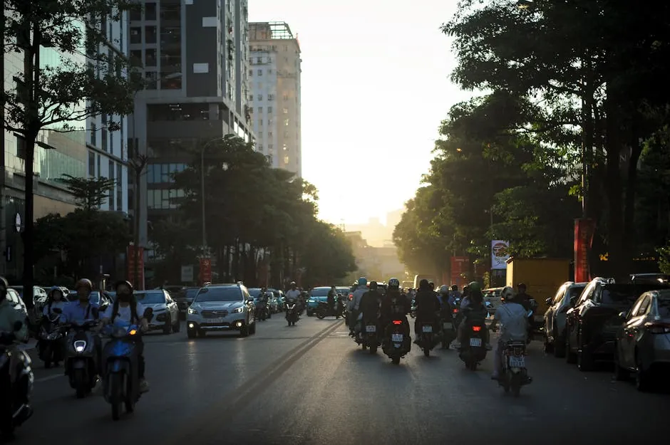 Evening street in Vietnam with motorbikes — where most of life happens