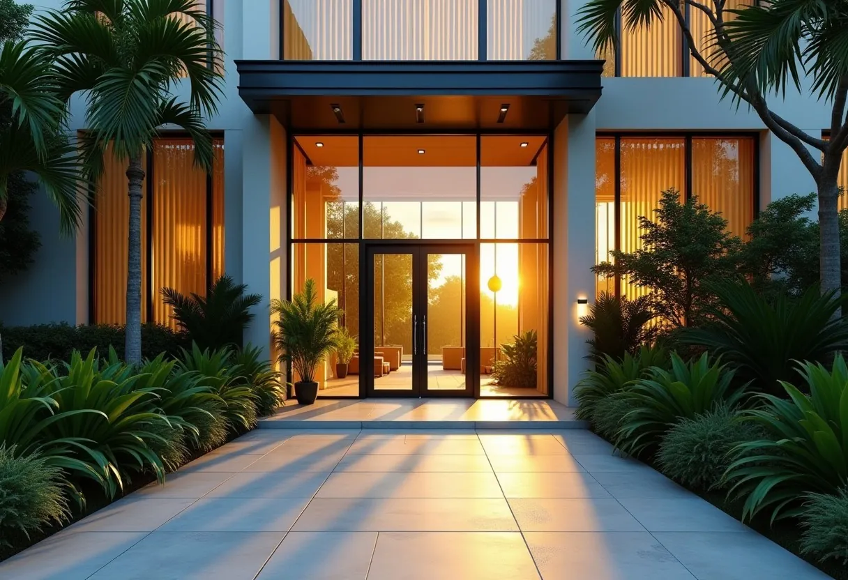 Modern office building entrance with tropical plants — Vietnamese banks doing SWIFT