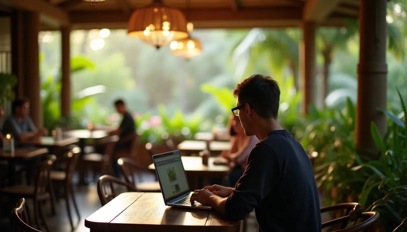 Expat working on a laptop at an open-air tropical café in Vietnam
