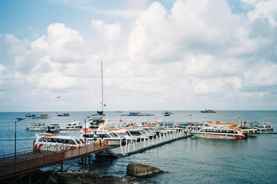 Tour boats moored at a long wooden pier under a cloudy sky