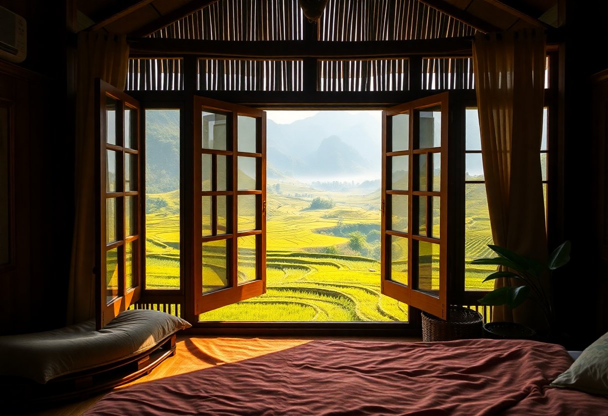 Traditional wooden homestay with view of rice terraces